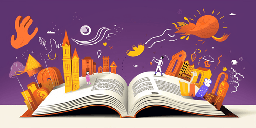 A large open book with characters and objects