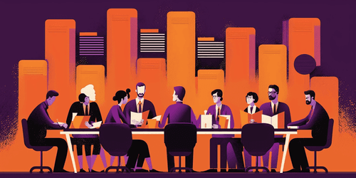 A large team of salespeople, at a conference table, receiving training, with books on the table