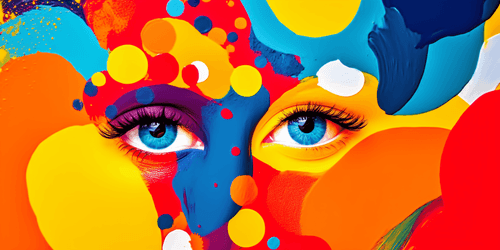 a face formed by colors, with a gaze concentrated in the center of the image