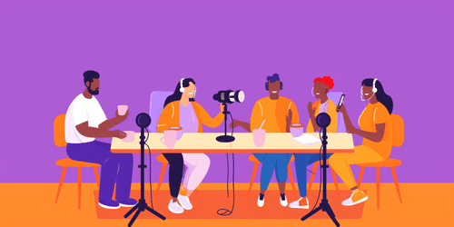 a podcast table, with people talking, with cameras filming, producing content